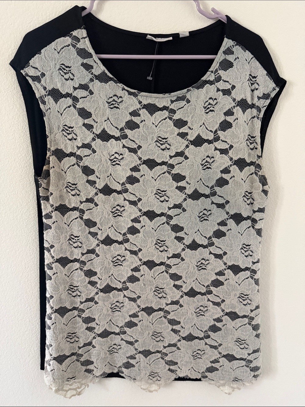 New York & Company Black Top with Cream Floral Lace Front